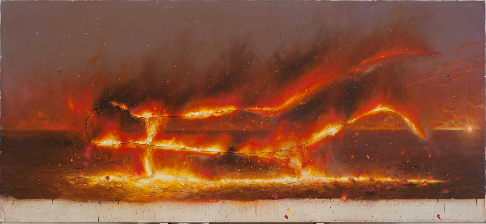 Tim STORRIER Born: Camperdown, New South Wales, Australia 1949 Incendiary Structure (for colonial ambition) 1991 synthetic polymer paint on canvas, rope, 182.5 x 396.5 cm Benalla Art Gallery Collection Gift of the artist, 2007 2007.32 © Tim Storrier